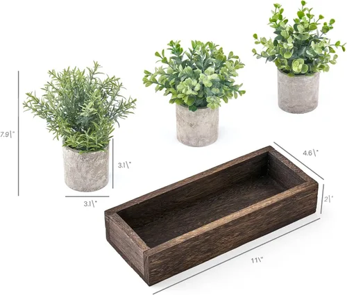Vista 6 de Dahey - Juego de 3 plantas artificiales en miniatura en maceta de eucalipto con bandeja de madera, centro de mesa, decoración de mesa, macetas