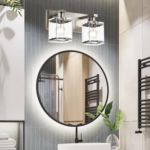 Vista 2 de Iluminación de aplique de pared de 2 luces con base de bombilla E26, lámpara de tocador de baño moderna de níquel cepillado para sobre espejo