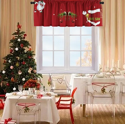 Vista 5 de Cenefas de cortina de cocina de Navidad, Navidad, invierno, cenefas pequeñas con bolsillo para barra, decoración de cortinas cortas de Navidad