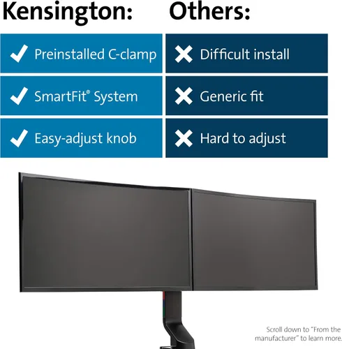 Vista 8 de Kensington Soporte de Monitor Doble para Escritorio, Soporte para Monitor Vesa con Abrazadera en C, se Adapta a 2 Monitores Ultraanchos de hasta 27