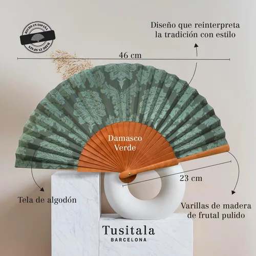Vista 7 de Spanish Fan Black Bobbin - Madera y Algodón - 9.1 in - Estuche y funda de yute - Accesorio de moda - Hecho a mano en España - Eventos y regalos