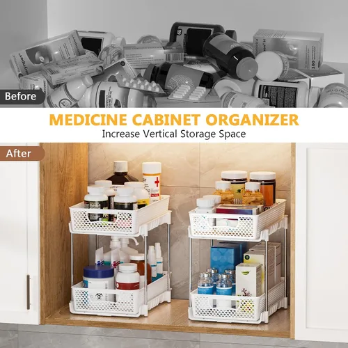 Vista 4 de DABIGE Paquete de 2 organizadores de baño extraíbles y almacenamiento, organizador de almacenamiento apilable de 2 niveles para baño, gabinete