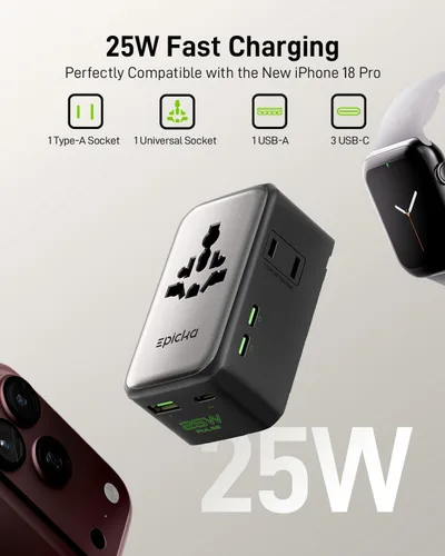 Vista 2 de EPICKA Pulse Air - Adaptador de viaje universal PD de 25 W con 2AC/3USB-C/1USB-A Negro