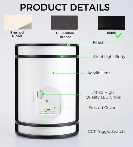 Vista 2 de CLOUDY BAY Aplique de pared LED de 3 colores, iluminación de pared, 3000 K/4000 K/5000 K, lámpara de pared ajustable de temperatura de color, 15 W