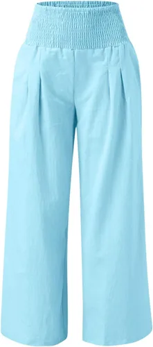 Vista 3 de SHAOBGE Pantalones palazzo de verano para mujer, cintura alta, pierna ancha, casual, cintura elástica, pantalones de playa con bolsillos