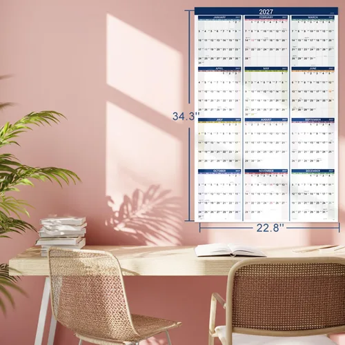 Vista 2 de Calendario anual de pared 2027, enero de 2027 a diciembre de 2027, planificador anual, 34.3 x 22.8 pulgadas (abierto), calendario de pared grande 27
