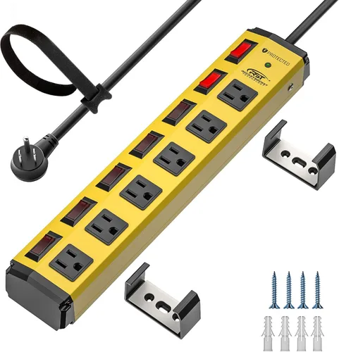 Vista 11 de CRST Regleta de alimentación de metal de 6 tomas con interruptores individuales, protector contra sobretensiones montable para garaje, taller