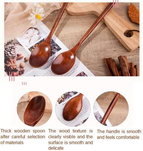 Vista 5 de AKOAK 2 cucharas de madera, cuchara de madera natural con mango largo, herramienta de cocina para el hogar, adecuada para restaurantes, hoteles