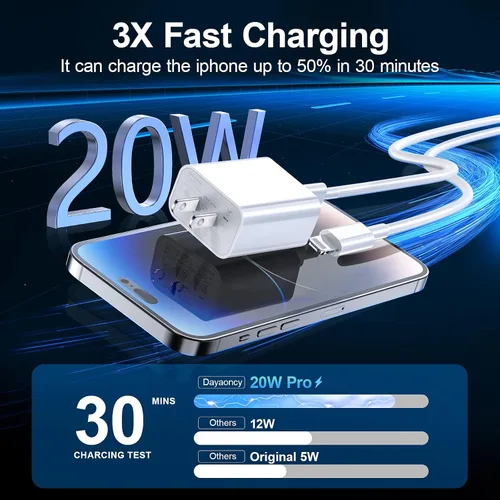Vista 2 de Cargador de teléfono de carga rápida, [certificado MFi] Cargador de pared USB C de 20 W con 3 cables USB C a Lightning de 6 pies, cable de carga