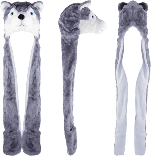 Vista 2 de Husky Timber - Gorro de invierno con diseño de lobo de felpa para invierno, largo
