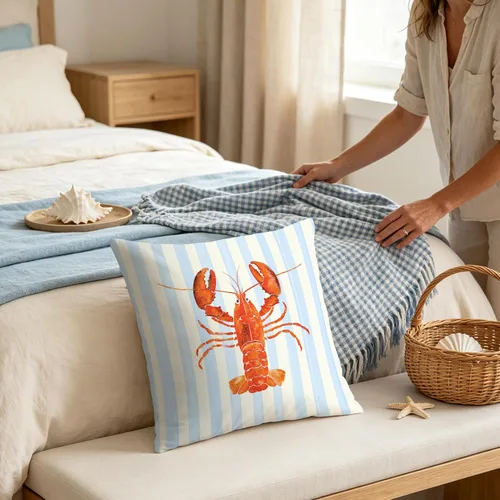 Vista 3 de Fundas de almohada costeras de langosta, fundas de almohada náuticas de langosta roja de Nueva Inglaterra con rayas azules y blancas para casa