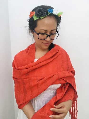 Vista 5 de Typical Mexican orange Rebozo 2.4 meters 95 inches (including fringes) modelo deshilado