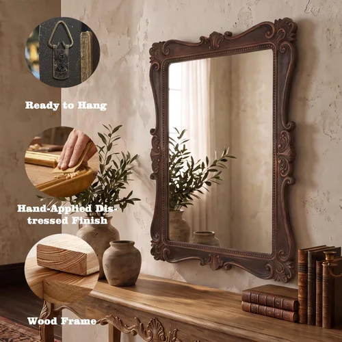 Vista 5 de Antique Brown Wall Mirror, Vintage European Ornate Carved Frame 16 x 22 Inch, HD Glass Mirror, Hand-Applied Distressed Finish, Ready to Hang, for