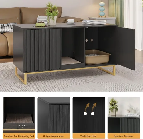 Vista 5 de Caja de arena para gatos para 2 gatos, caja de arena de 47.6 pulgadas, muebles ocultos con almohadilla para rascar, armario grande para habitación