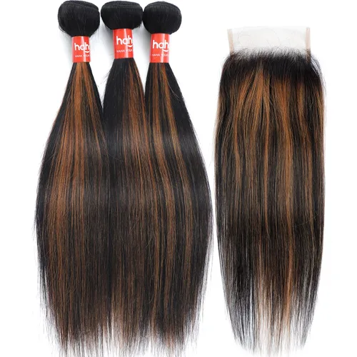 Vista 2 de Extensiones de cabello humano marrón con reflejos de Haha con cierre, extensiones lisas con cierre ombre, extensiones de cabello humano con cierre