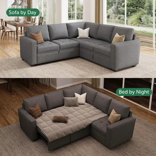 Vista 3 de HONBAY - Sofá seccional modular con cama desplegable, sofá convertible de lino en forma de L con asiento de almacenamiento, sofás seccionales