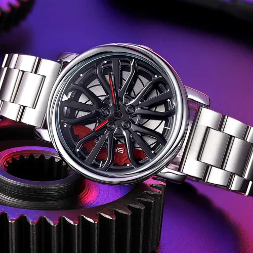Vista 5 de GORBEN Reloj de pulsera para hombre creativo 3D con rueda de automóvil, reloj giratorio de cuarzo a la moda, reloj de pulsera elegante con correa