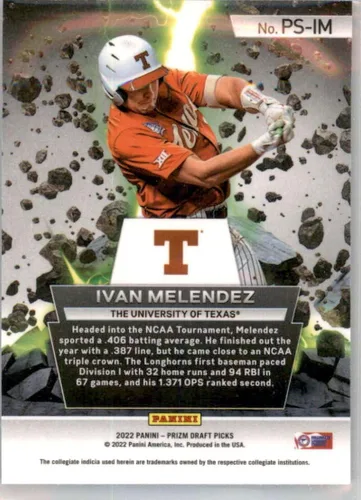 Vista 2 de 2022 Panini Prizm Draft Picks Power Surge #7 Ivan Melendez RC Rookie Texas Longhorns Baseball Trading Card