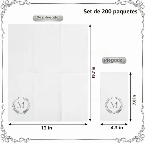 Vista 2 de Paquete de 200 servilletas desechables con monograma de papel de aluminio plateado con letra M, servilletas de mano desechables con inicial