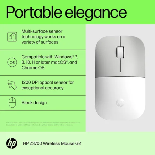 Vista 3 de HP Ratón inalámbrico Z3700 G2, blanco, elegante diseño portátil que se adapta cómodamente en cualquier lugar, receptor inalámbrico de 2.4 GHz blanco