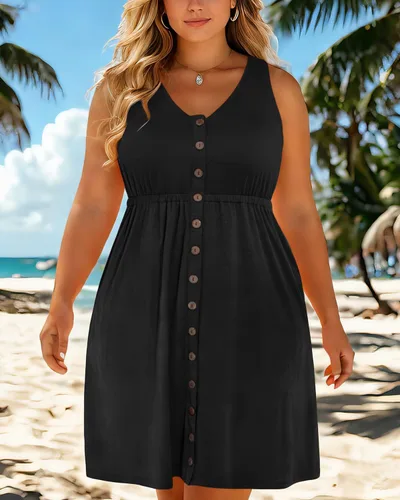 Vista 22 de Holipick Vestidos de verano para mujer, talla grande, casual, con bolsillos, acampanado, con botones, sin mangas, cuello en V