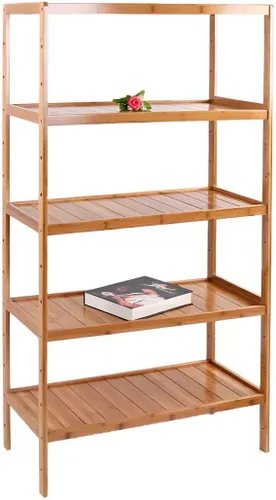 Vista 9 de Estante de almacenamiento de madera maciza con estantes ajustables, estante de almacenamiento de bambú de varios niveles para cocina, sala de estar