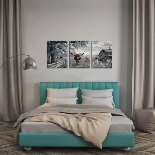Vista 2 de yiijeah Decoración de pared occidental – Arte de pared rústico de 3 piezas de árbol azul y vaca marrón – Arte de pared blanco y negro para paredes