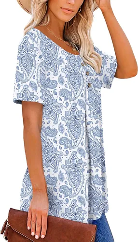 Vista 3 de Blusa casual con cuello en V tipo Henley para mujeres, camisa con botones, acampanada y holgada
