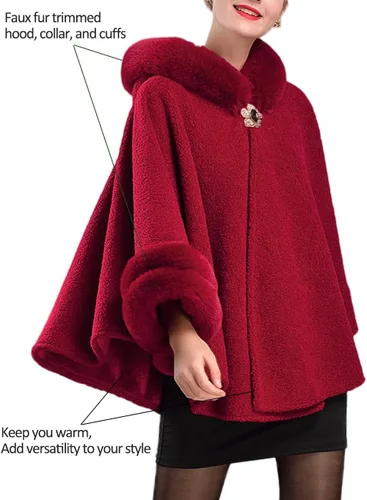 Vista 2 de Dahlia Poncho de invierno para mujer con ribete de piel sintética y forro polar