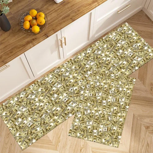 Vista 15 de GUBIYU Juego de 2 alfombras y tapetes de cocina color beige y dorado para billetes de 100 dólares, alfombra divertida y fresca para baño