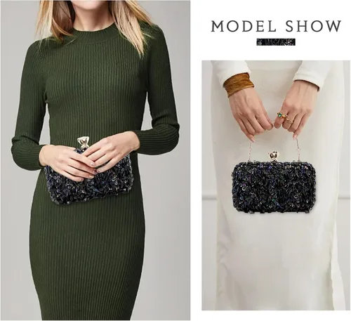 Vista 6 de Oweisong Bolso de mujer con diamantes de imitación de cristal negro para boda, bolso de hombro con cuentas de diamantes brillantes para graduación