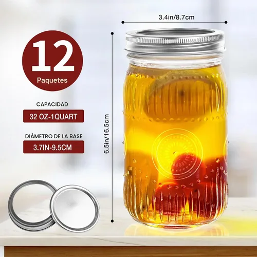 Vista 2 de Amzcku Frascos Mason Vintage de 32 oz con Tapas, Frascos de Conservas de Boca Ancha de Cuarto de Galón, Paquete de 12