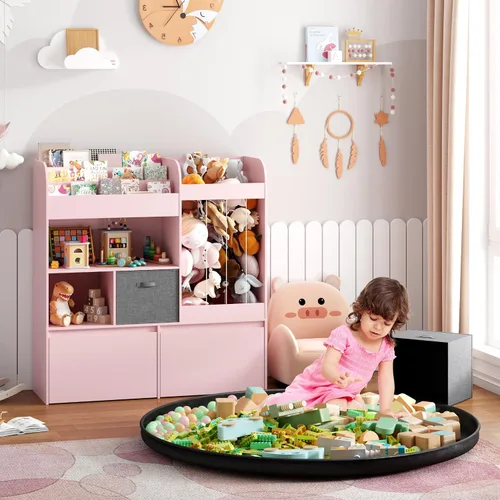 Vista 2 de Soporte para animales de peluche, estantería para niños con tapete de juego, almacenamiento de juguetes de madera con 2 cajones móviles y estantería