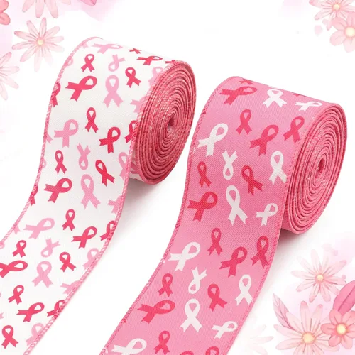 Vista 6 de Threetols 2 rollos de cintas de 10 yardas con alambre para concientización sobre el cáncer de mama, cinta de concientización de leopardo rosa