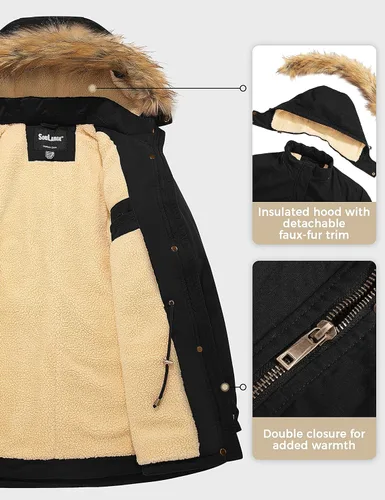 Vista 3 de Soularge Chaqueta de invierno con forro de sherpa para mujer, talla grande, con capucha desmontable
