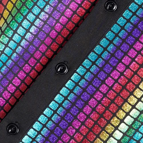 Vista 6 de Camisa de discoteca de los años 70 con lentejuelas de manga corta con botones, brillante disfraz de fiesta de graduación