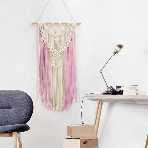 Vista 2 de LB Colgante de pared de macramé rosa, decoración de pared de macramé bohemio, borla rosa y beige, bohemio, tejido a mano, macramé, decoración