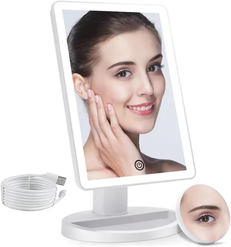 Vista 8 de COSMIRROR Espejo de tocador de maquillaje iluminado con espejo de aumento de 10X, espejo iluminado con 21 luces LED con atenuación de sensor táctil