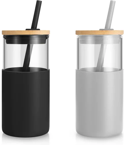 Vista 34 de Tronco Vaso de vidrio de 28 onzas con tapas y pajilla, taza reutilizable para café helado y vaso para batidos con tapa de bambú, funda de silicona