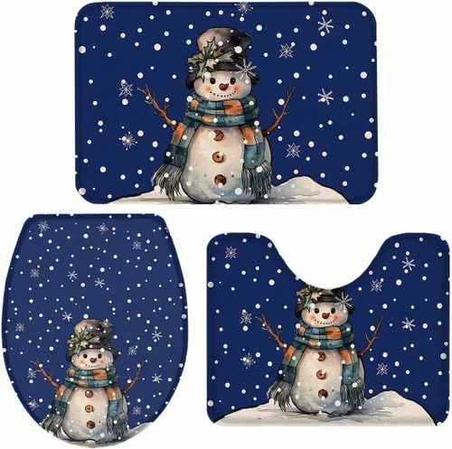 Vista 3 de Juego de 3 alfombras de baño navideñas de invierno, muñeco de nieve, copo de nieve, azul marino, antideslizantes, tapete absorbente de contorno