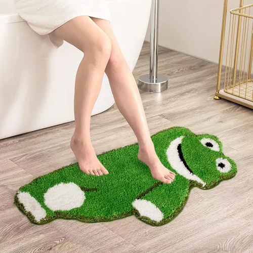 Vista 6 de Bonita alfombra de baño de rana verde, antideslizante, absorbente de agua, suave, esponjosa, divertida, con forma de animal, lavable para decoración
