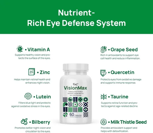 Vista 3 de VHC Vitaminas para los ojos con luteína, arándano y zinc, suplementos 10 en 1, resveratrol semilla de uva, quercetina, taurina, cardo mariano