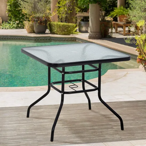 Vista 2 de Mesa de patio al aire libre con agujero para paraguas, mesa cuadrada de vidrio templado de 32 pulgadas, mesa de centro de conversación, marco