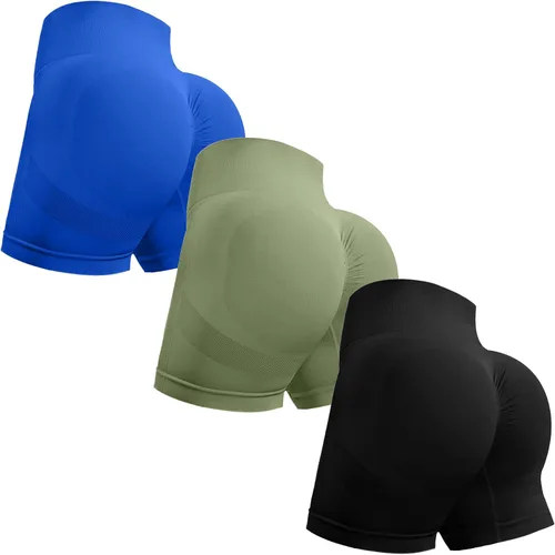 Vista 26 de Ovesport 3 piezas de pantalones cortos de entrenamiento para mujer, sin costuras, con levantamiento de glúteos, cintura alta, para yoga, gimnasio