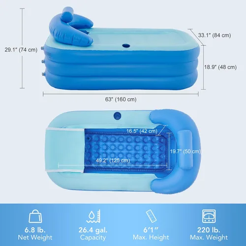 Vista 3 de Tina portátil CO-Z plegable e inflable, de PVC, con bomba de aire eléctrica Azul
