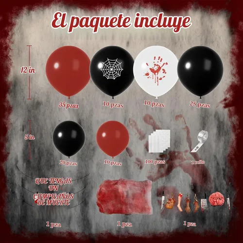 Vista 3 de Guirnalda de globos de Halloween con tela espeluznante y pancarta de 2 estilos, globos blancos impresos a mano negra roja y sangrienta, globos B