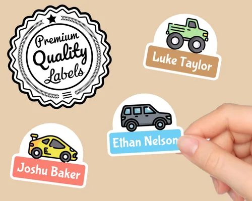 Vista 3 de Etiquetas lindas personalizadas para nombre de automóvil de vehículos, 16 a 128 unidades, etiquetas perfectas para niños para guardería