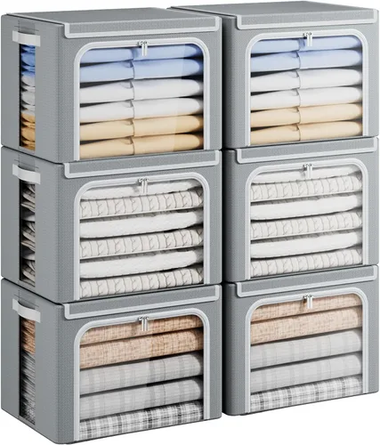 Vista 11 de Yecaye Cajas de Almacenamiento de Ropa con Marco de Metal, Caja de Almacenamiento de Ropa Plegable con Tapa, Caja Organizadora Apilable de Tela