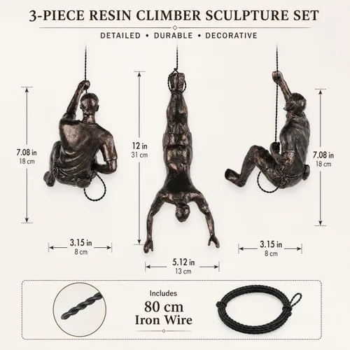 Vista 2 de Gran conjunto de 3 esculturas de pared de hombres escalando Arte decorativo de pared nórdica de simplicidad moderna, esculturas de hombre escalador