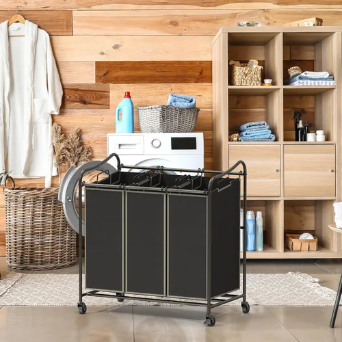 Vista 5 de Simple Houseware Carrito rodante clasificador de lavandería de 3 bolsas resistente, bronce